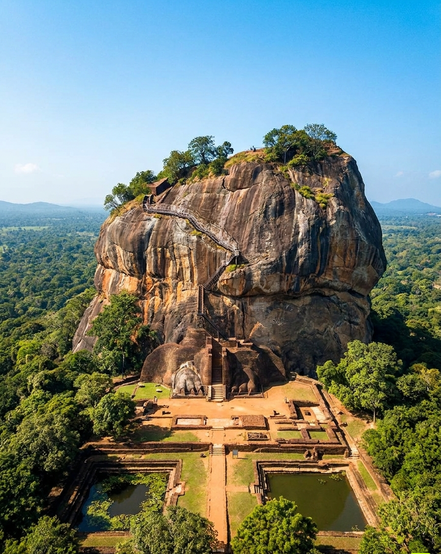 Aerial view of Sigiriya rock fortress rising above the jungle