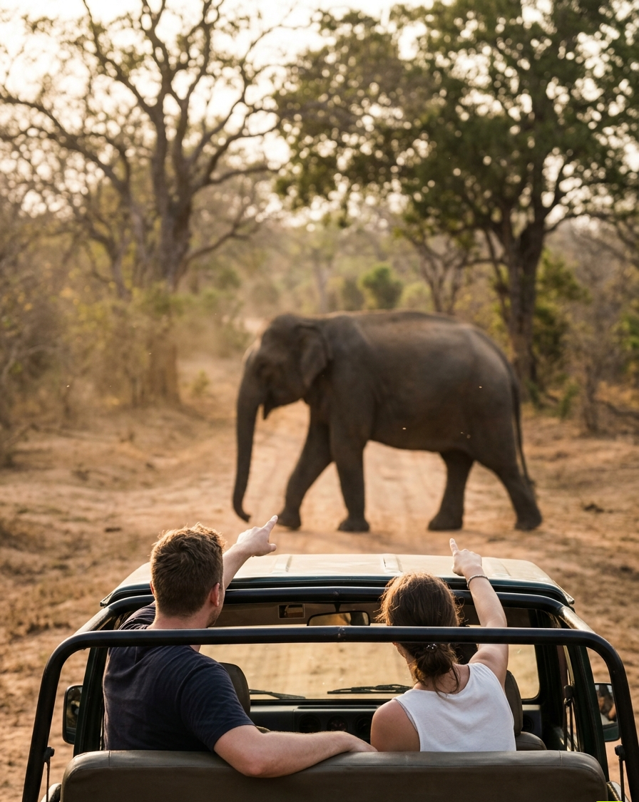 Couple watching an elephant cross the track on a jeep safari