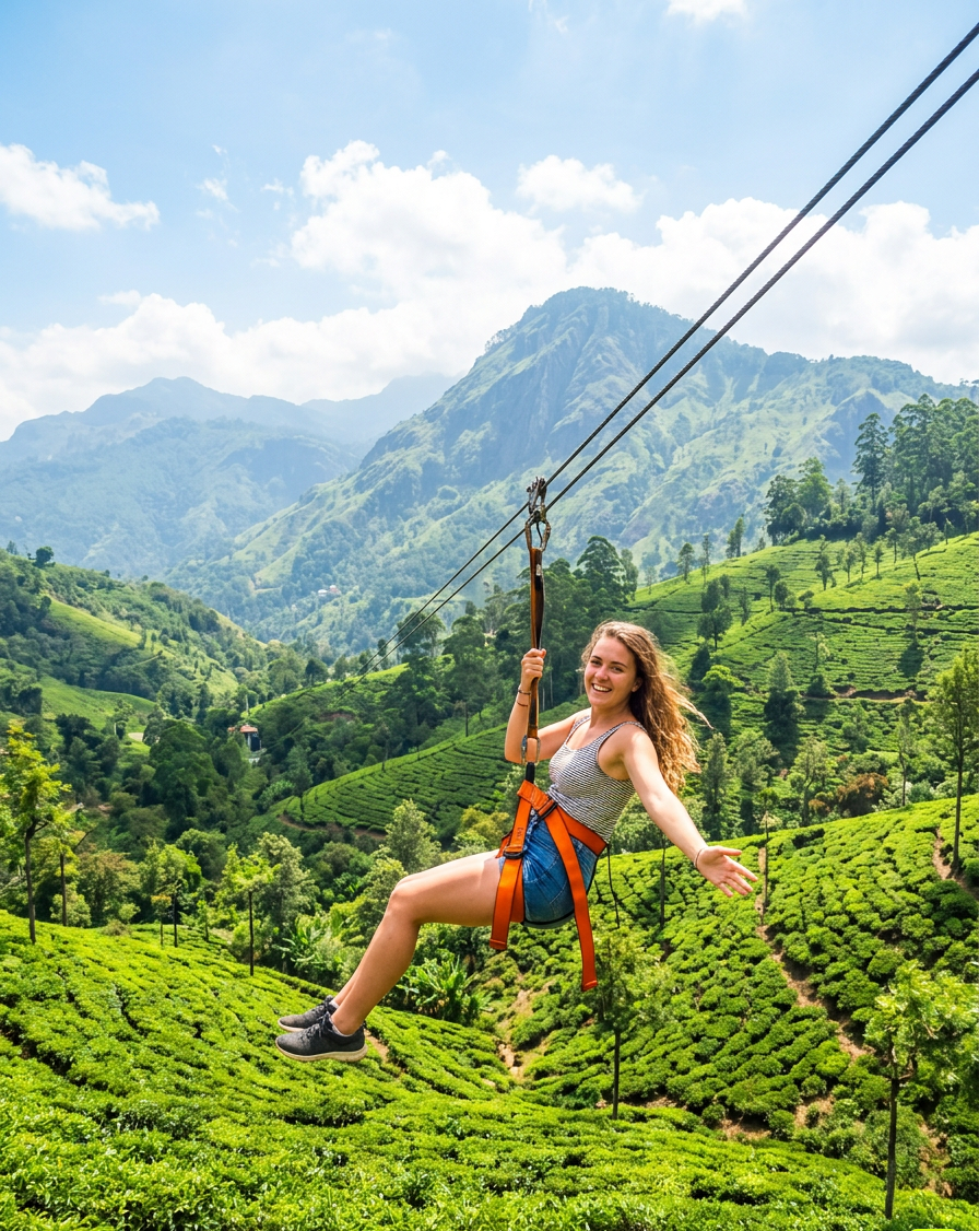 Traveller ziplining over green tea plantations in the hill country