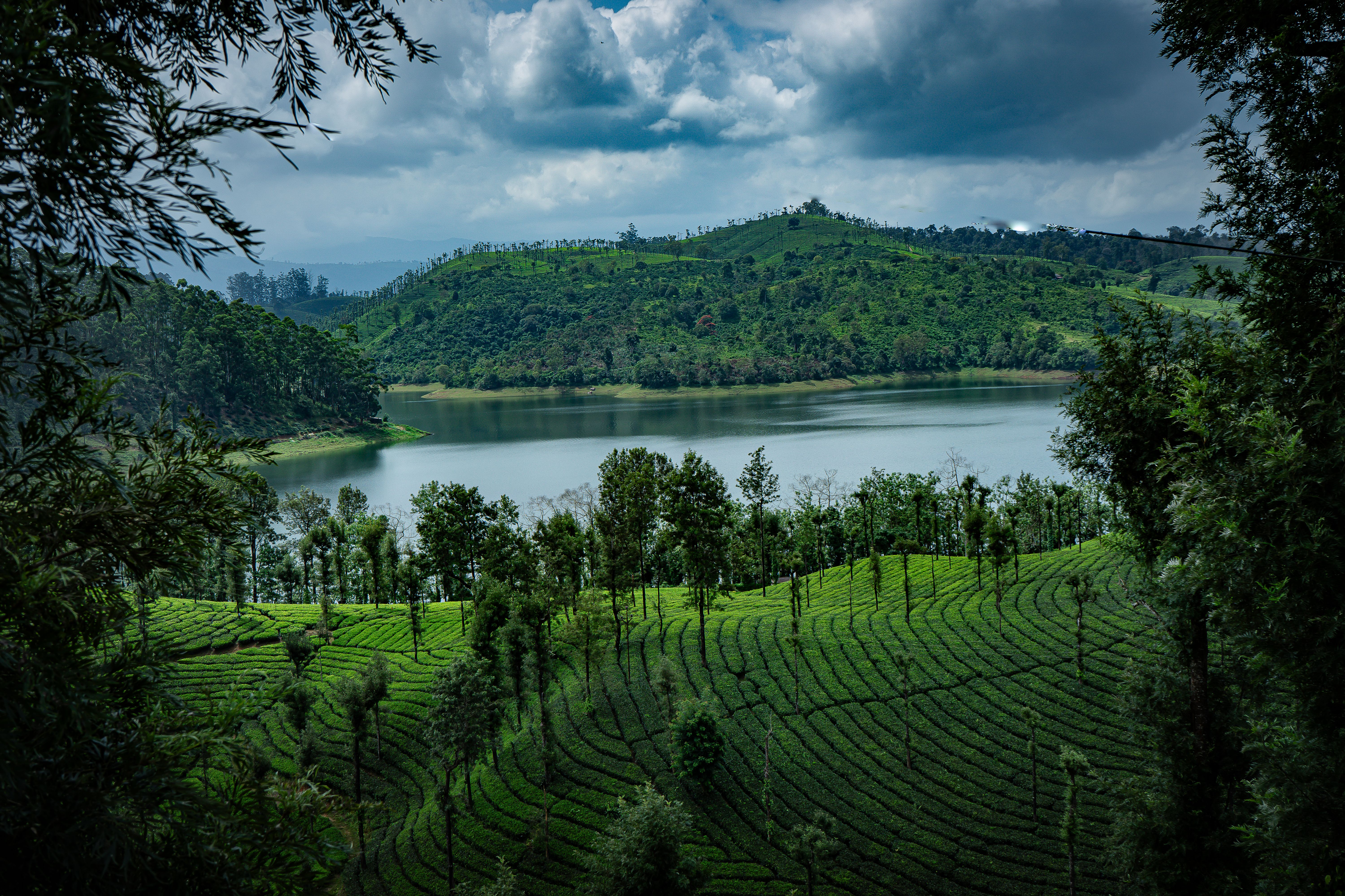 Moody tea terraces above a lake under storm clouds