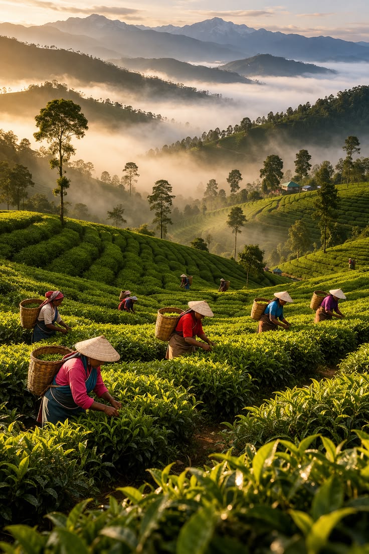 Tea pluckers working the hillsides at dawn